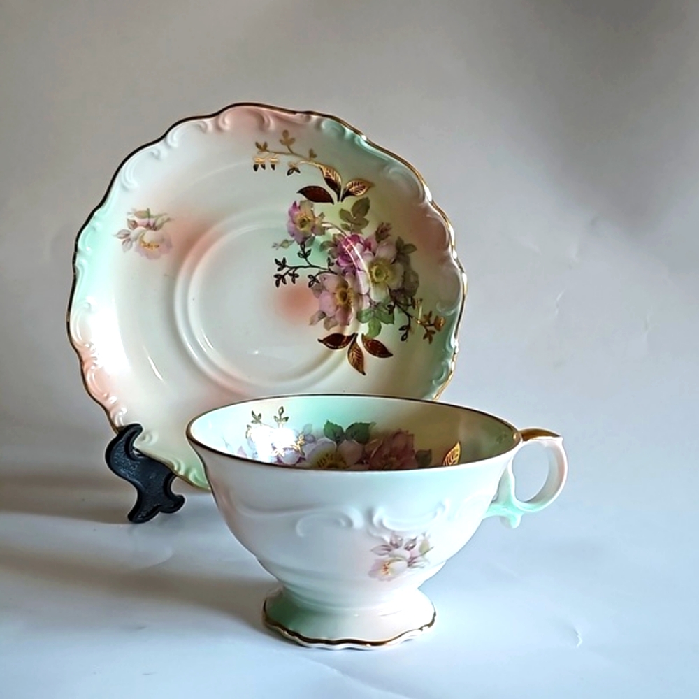 Vintage Schumann Azberg tea cup and saucer Germany Wild Rose